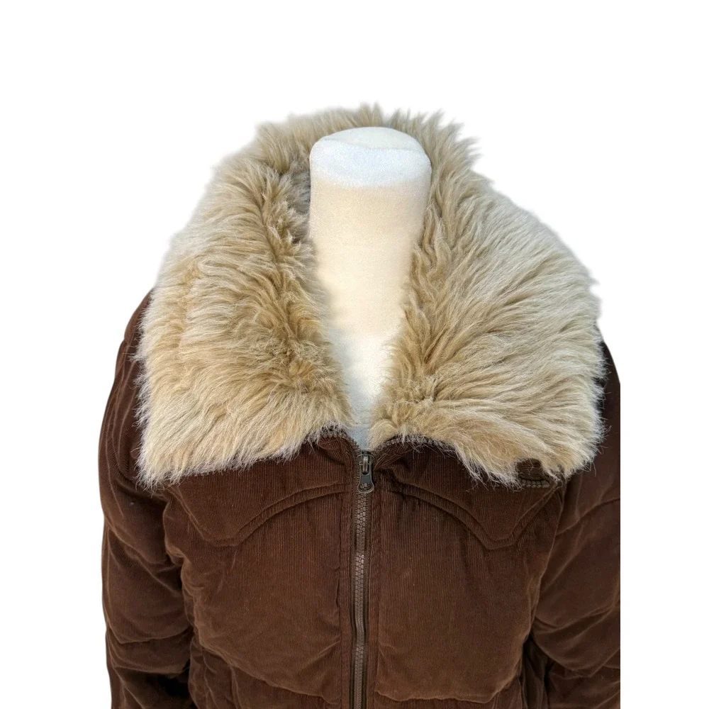 Vintage Y2K Corduroy Puffer Jacket Faux Fur Coat Women XL Chocolate Brown Sherpa